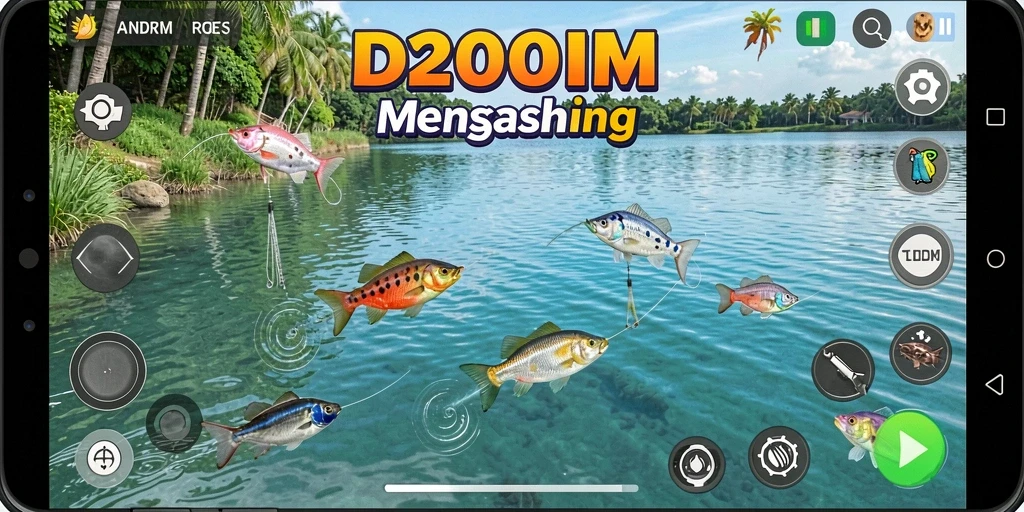 Screenshot utama D200M menampilkan pemain sedang memancing di danau yang indah.