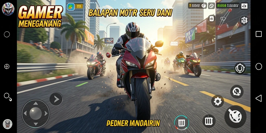 Tampilan gameplay menegangkan dalam balapan motor yang seru.