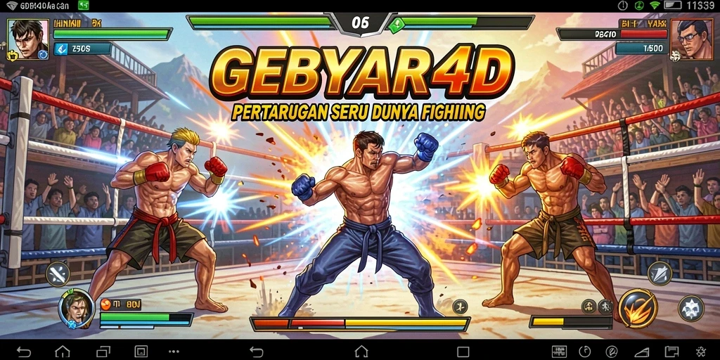 Tangkapan layar GEBYAR4D menampilkan karakter bertarung dengan gerakan yang dinamis dan efek visual yang menarik.