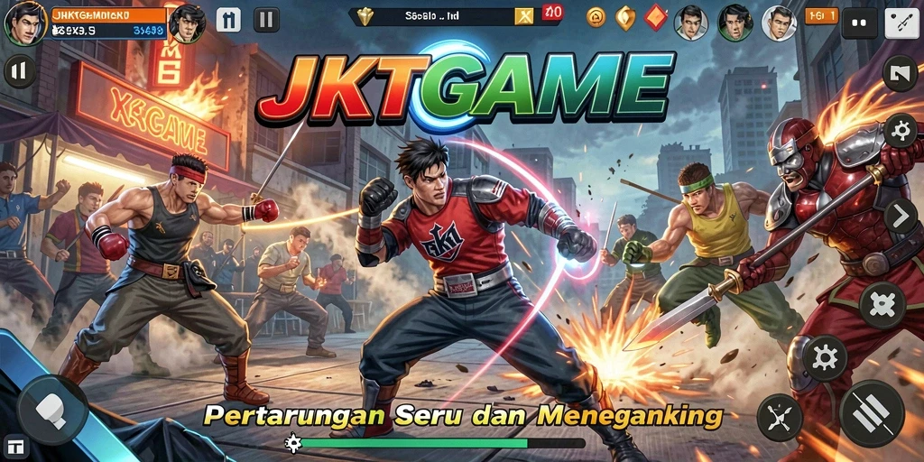Screenshot utama JKTGAME menampilkan pertarungan seru antara karakter-karakter unik.