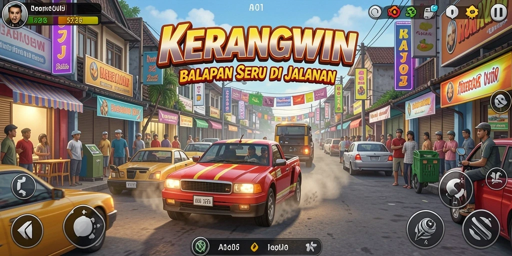 Tampilan gameplay KERANGWIN yang penuh aksi balapan.