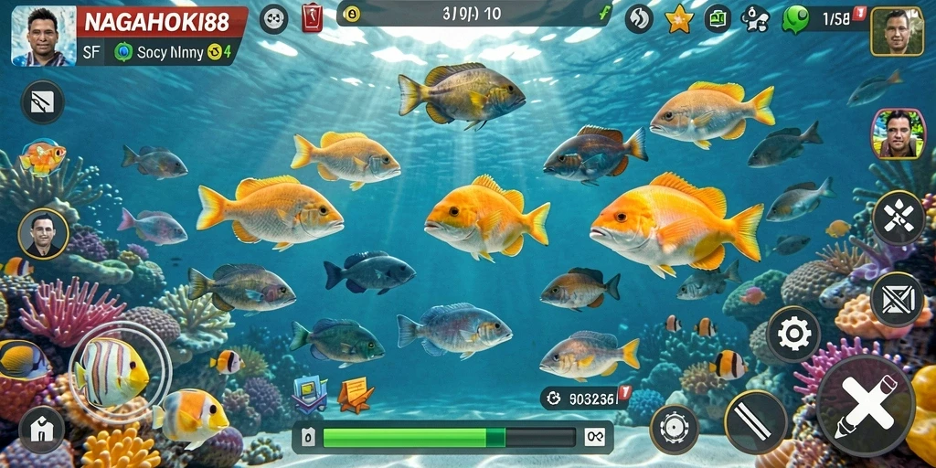 Tangkapan layar gameplay NAGAHOKI88 menampilkan aksi seru menembak ikan.