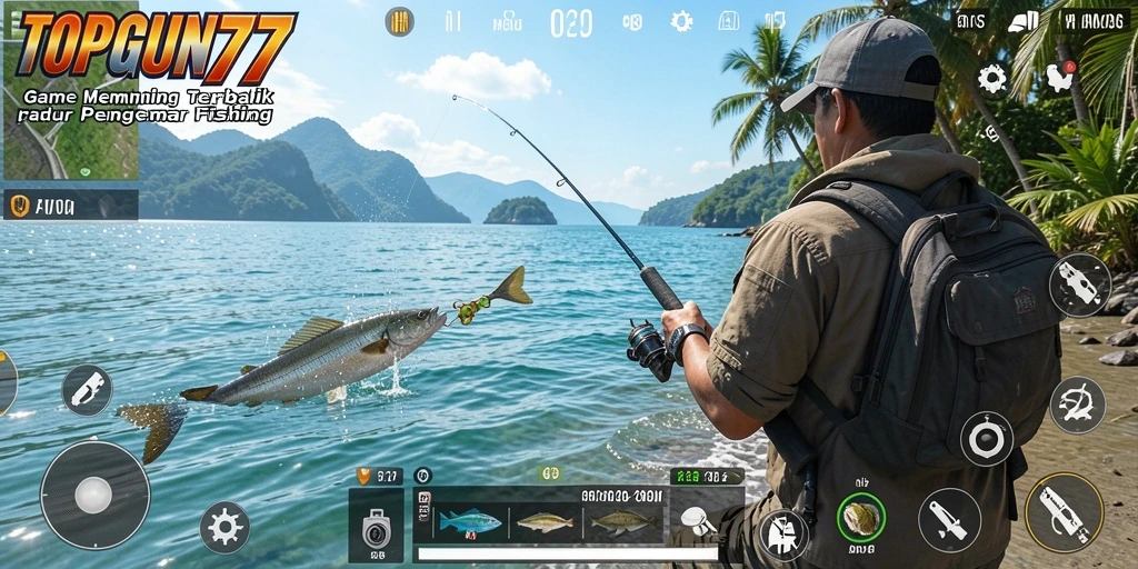 Screenshot gameplay <strong>TOPGUN77</strong> menampilkan aksi memancing yang mendebarkan dan berwarna-warni.